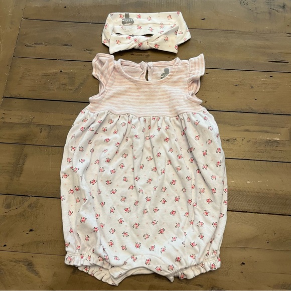 6-12M Gap pink stripe floral romper with matching headband - Picture 2 of 5